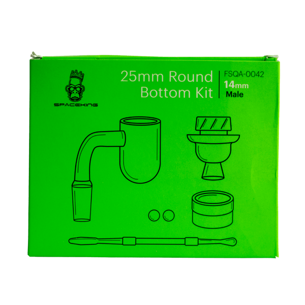 This is the 25mm Round Bottom Banger Kit from Spaceking. Featuring a 25mm round bottom banger, spinner cap, terp pearls, dab tool, and a silicone container.