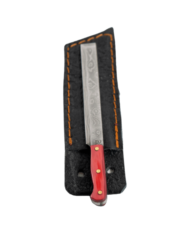 This is the sushi knife dab tool from Dabmascus available at Ritual. It features a three-pin handle and sushi-knife style blade from high-quality Damascus Steel. 